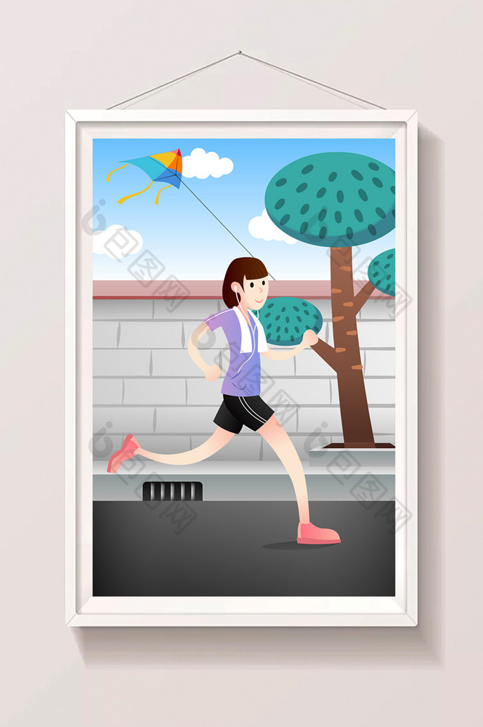 卡通跑步女孩健身运动晨跑生活插画