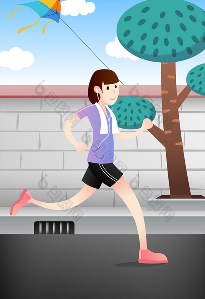 卡通跑步女孩健身运动晨跑生活插画