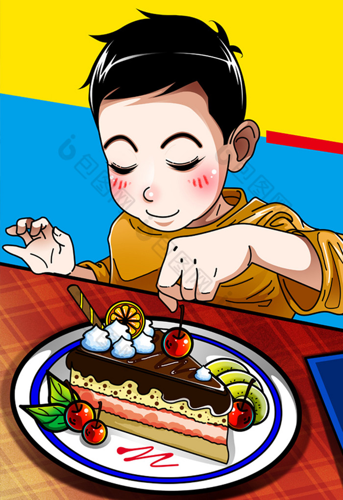 儿童吃蛋糕插画图片