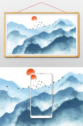 中国风水墨山水背景插画图片