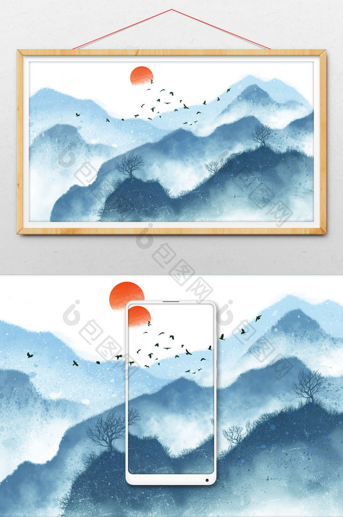 中国风水墨山水背景插画