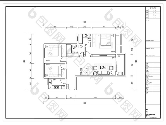 CAD三室两厅户型定制平面