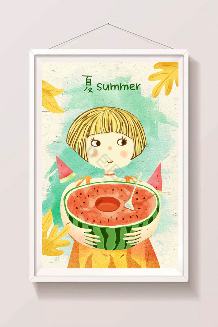 夏天抱西瓜的女孩风插画图片