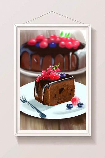 清新水彩手绘巧克力水果美味蛋糕插画图片