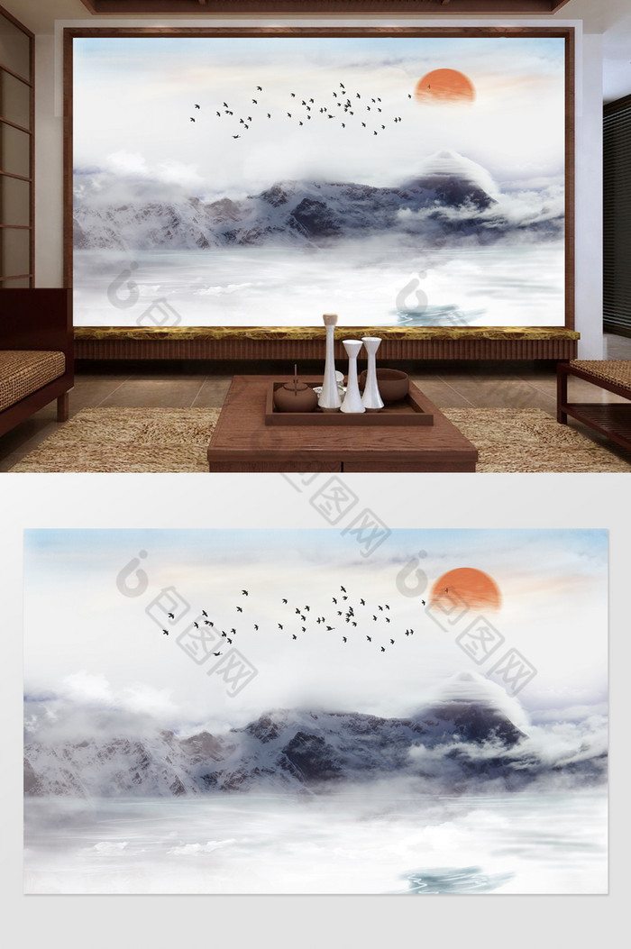 新中式水墨山水瀑布背景墙图片图片