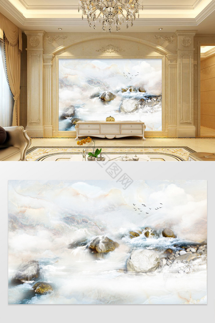 新中式大理纹石山水背景墙定制图片
