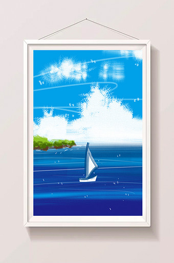 蓝色海边手绘插画背景帆船插画素材图片