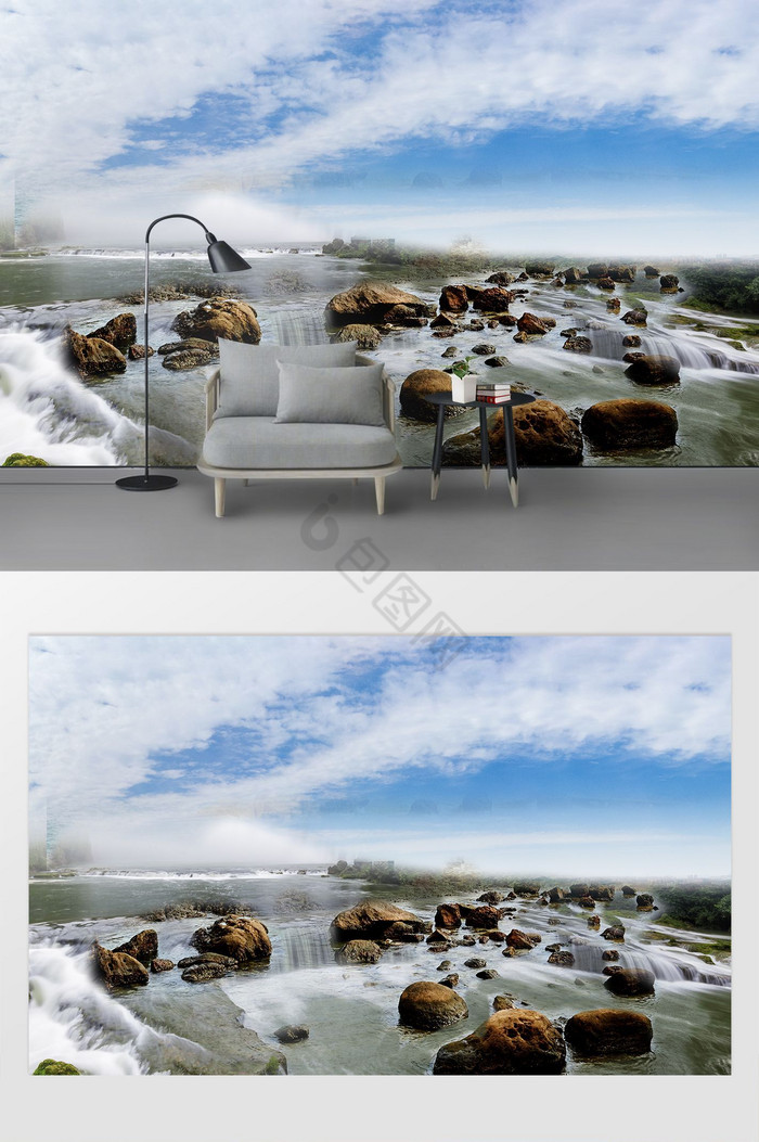 高清3D大理石纹山水日出背景墙石头流水图片