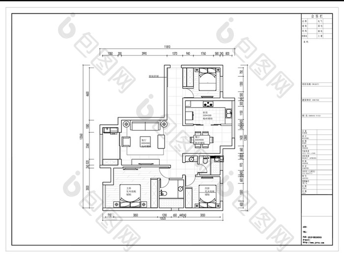 三室两厅高层户型CAD平面定制方案