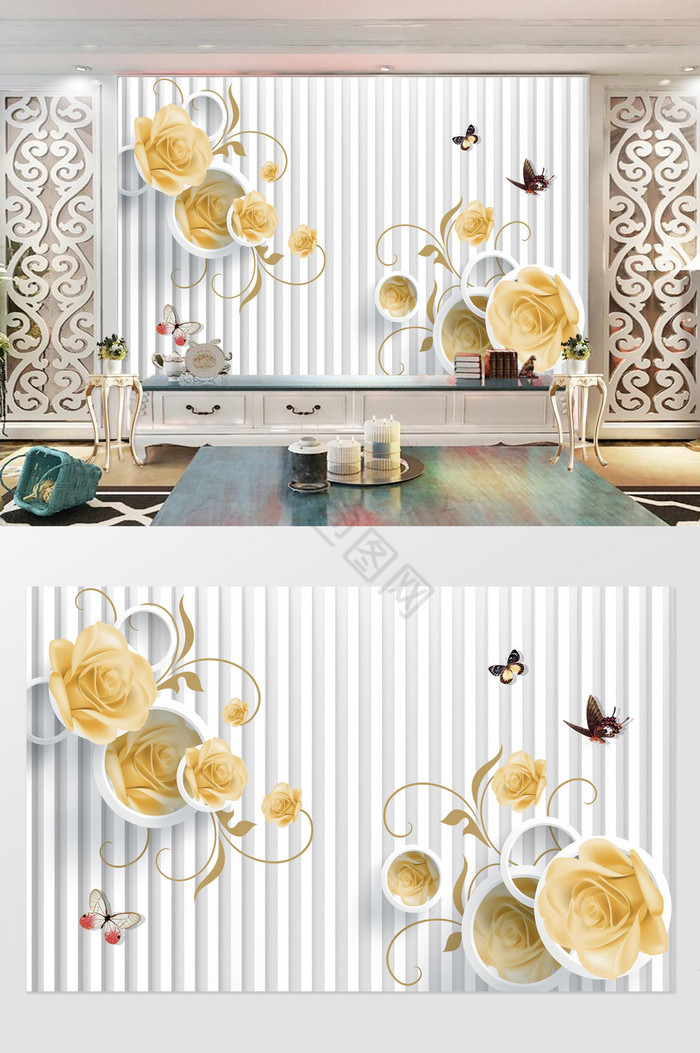 3D时尚花卉蝴蝶圈圈电视背景墙定制图片