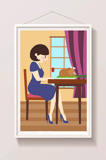 女孩餐厅美食插画图片