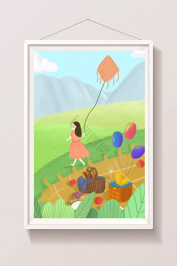 夏日带着风筝去旅游插画图片