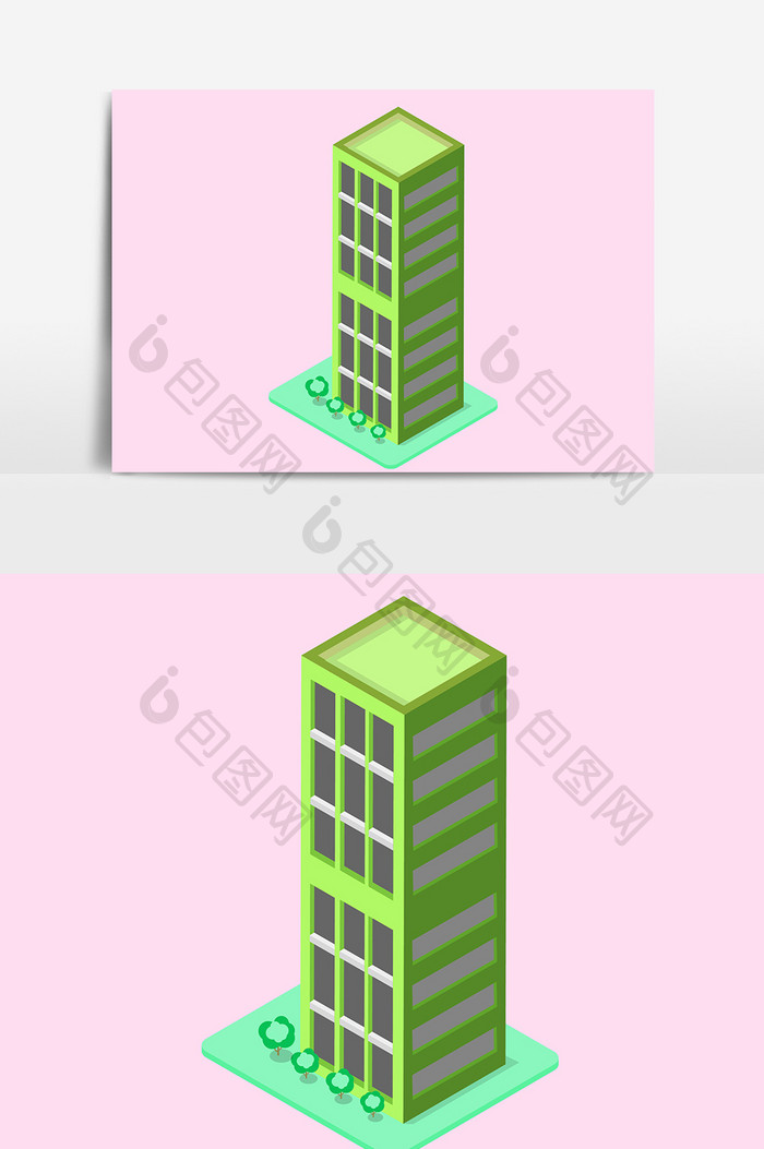 绿色线描立体化建筑元素