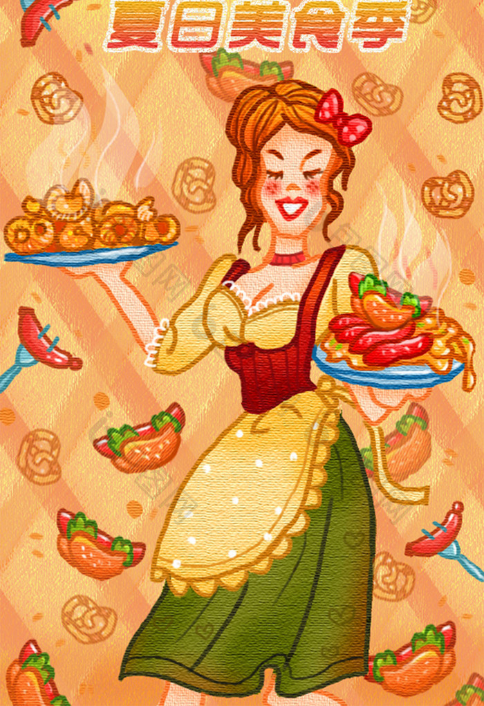 卡通可爱夏日法式美味美食面包烘焙烹饪插画