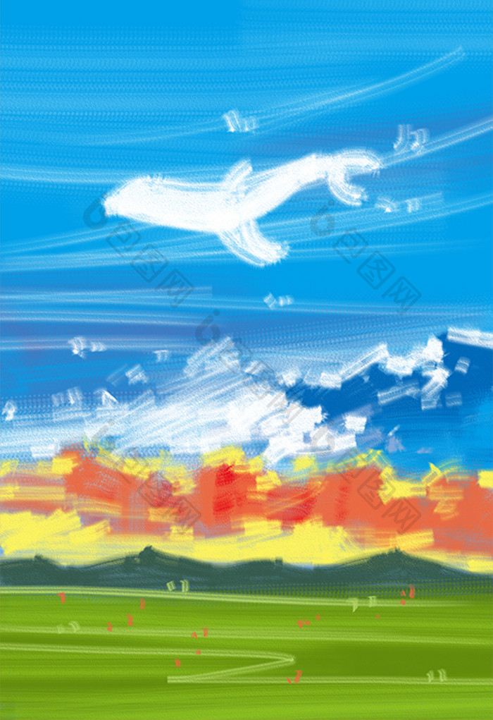 暖色调天空鲸鱼卡通漫画手绘插画背景素材