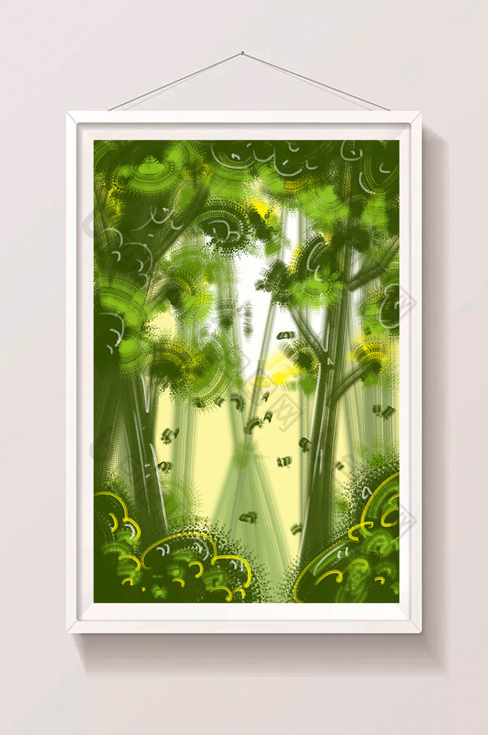 绿色卡通树林手绘插画背景素材