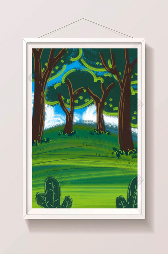 绿色夏日卡通插画树林风景手绘背景素材