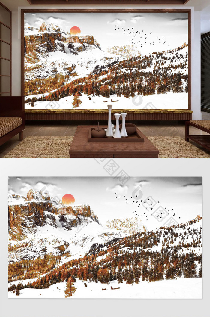 新中式金色水墨山水装饰画电视沙发背景墙