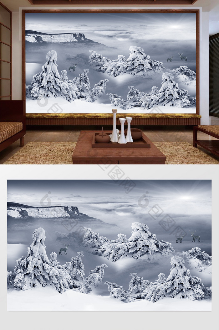 新中式中国风意境山水鹿电视背景墙