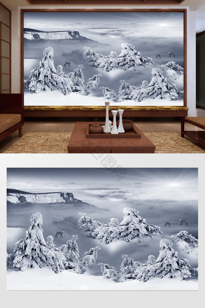 新中式意境山水鹿电视背景墙图片