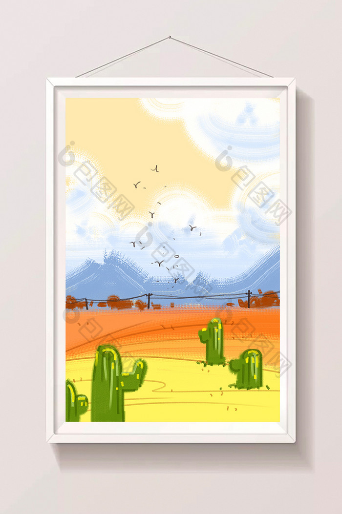 暖色卡通仙人掌沙漠手绘背景素材