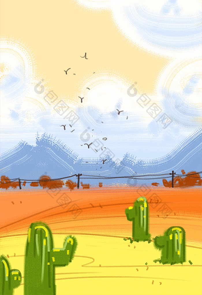 暖色卡通仙人掌沙漠手绘背景素材
