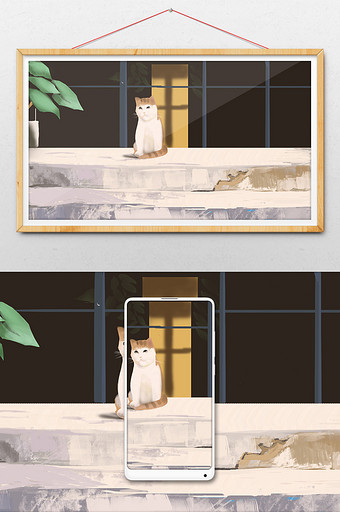 夏日小动物猫咪风景插画图片