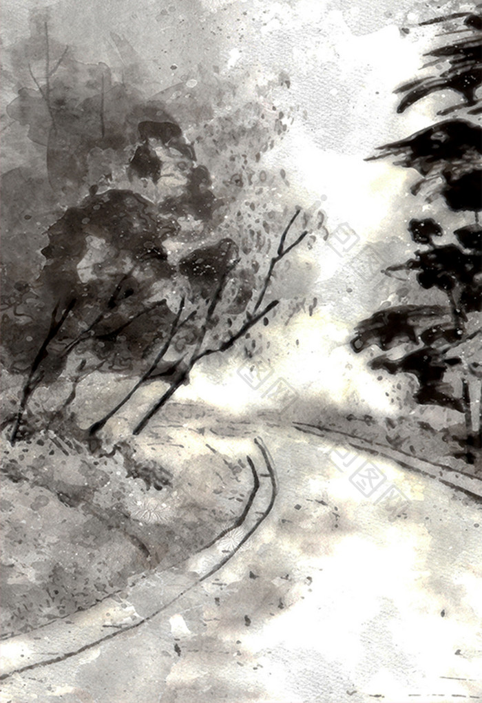 中国风水墨山水林间小路手绘背景素材