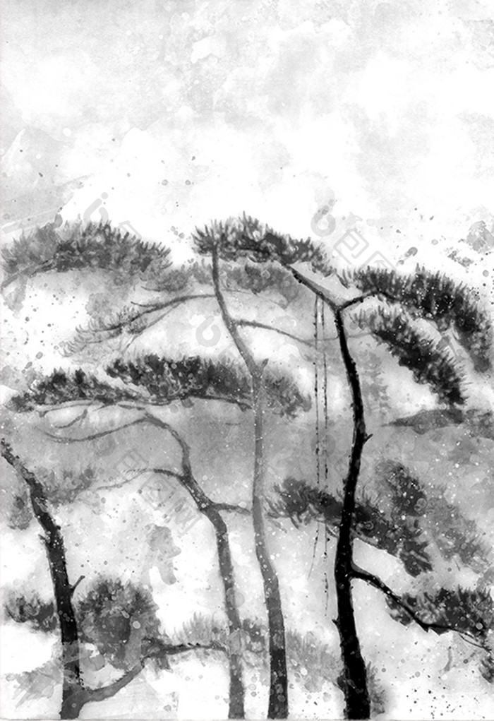 中国风水墨山水树木山水手绘背景素材