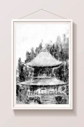 中国风水墨山水古建筑手绘插画背景素材