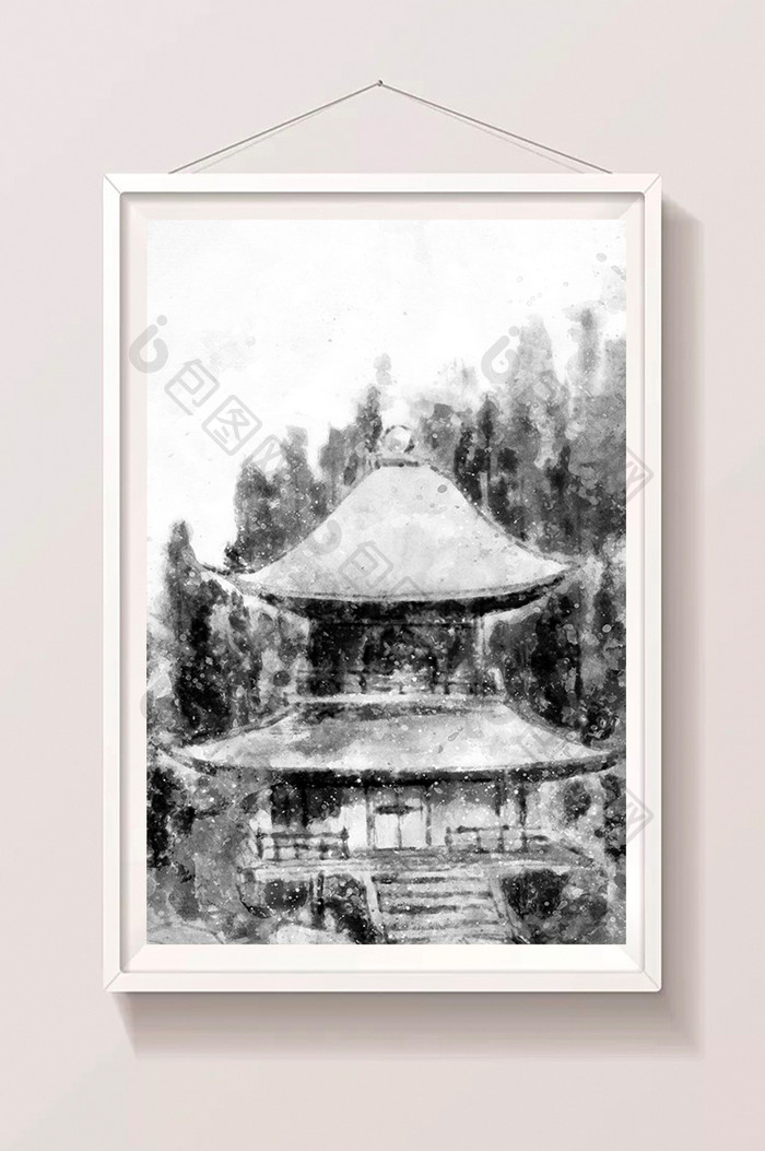 中国风水墨山水古建筑手绘插画背景素材