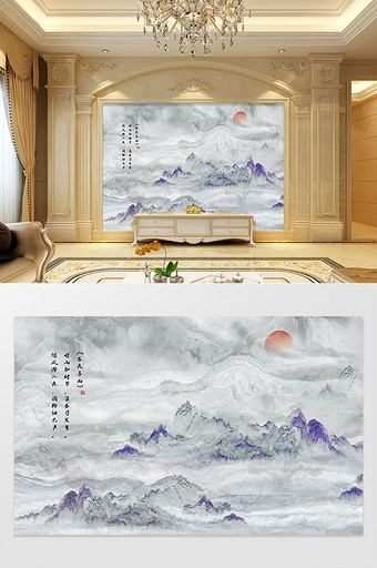 新中式背景墙金箔山水花鸟扇形背景图片
