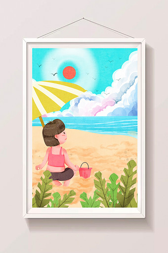 清新可爱暑假女孩海边玩耍插画图片