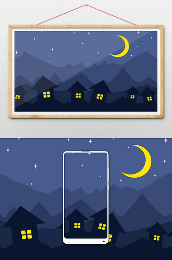 扁平夜晚乡村房屋背景图片