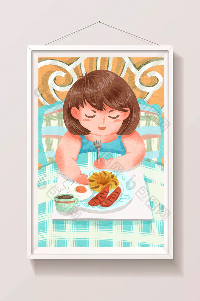 清新卡通可爱女孩吃早餐美食插画
