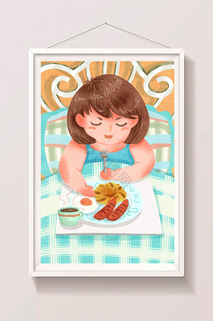 女孩吃早餐插画图片