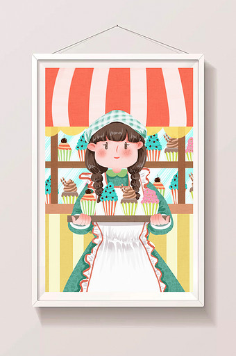 清新可爱女店员推销蛋糕美食插画图片