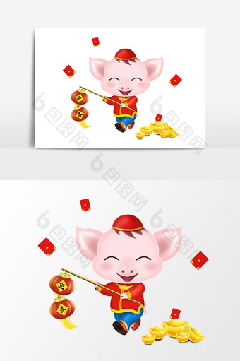 猪年春节卡通形象喜迎新春元素素材图片
