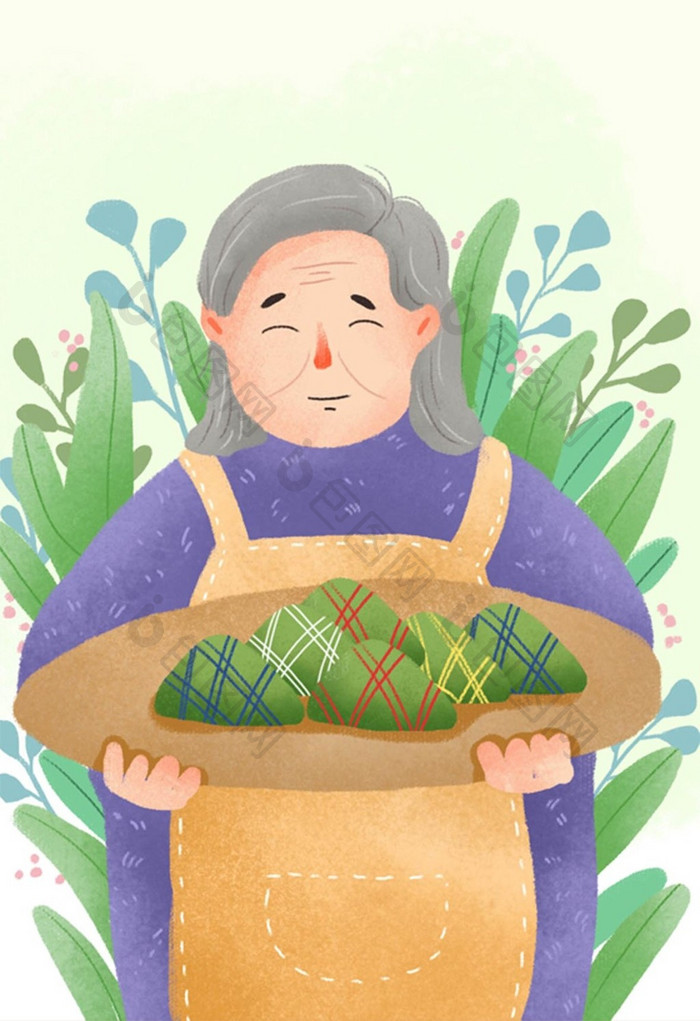小清新端午节奶奶做粽子插画