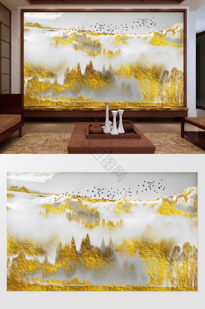 新中式金色山水背景墙图片