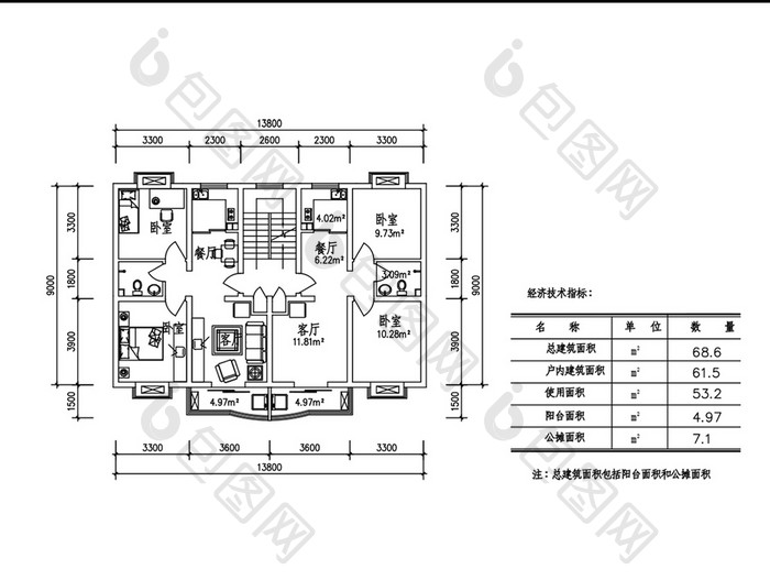 68平米家装CAD平面图纸