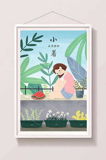 绿色植物女孩西瓜花盆手绘夏天小暑节气插画图片