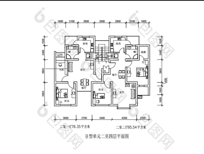 住宅建筑二至四层CAD平面图