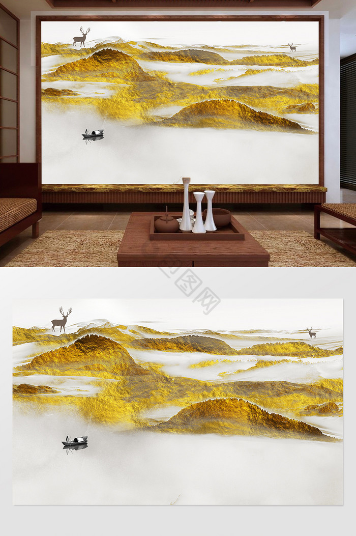 新中式金色山水意境电视背景墙图片