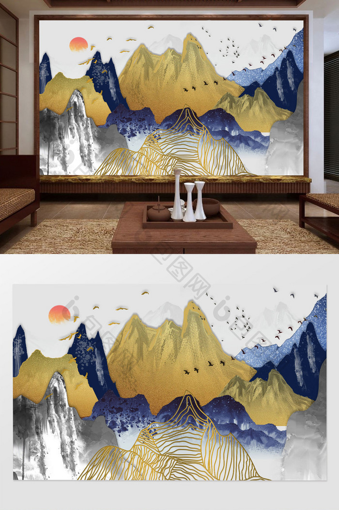 新中式抽象线条金色富贵金电视背景墙定制