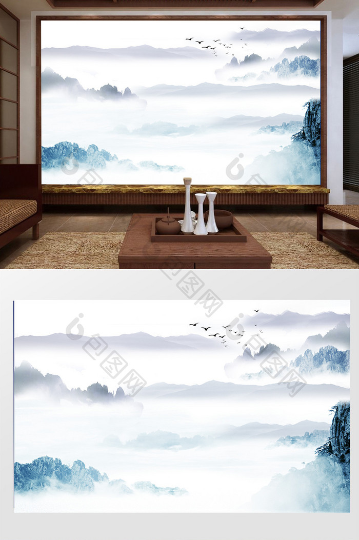 新中式高山云层背景墙