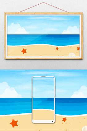 卡通清新夏日沙滩背景手绘插画