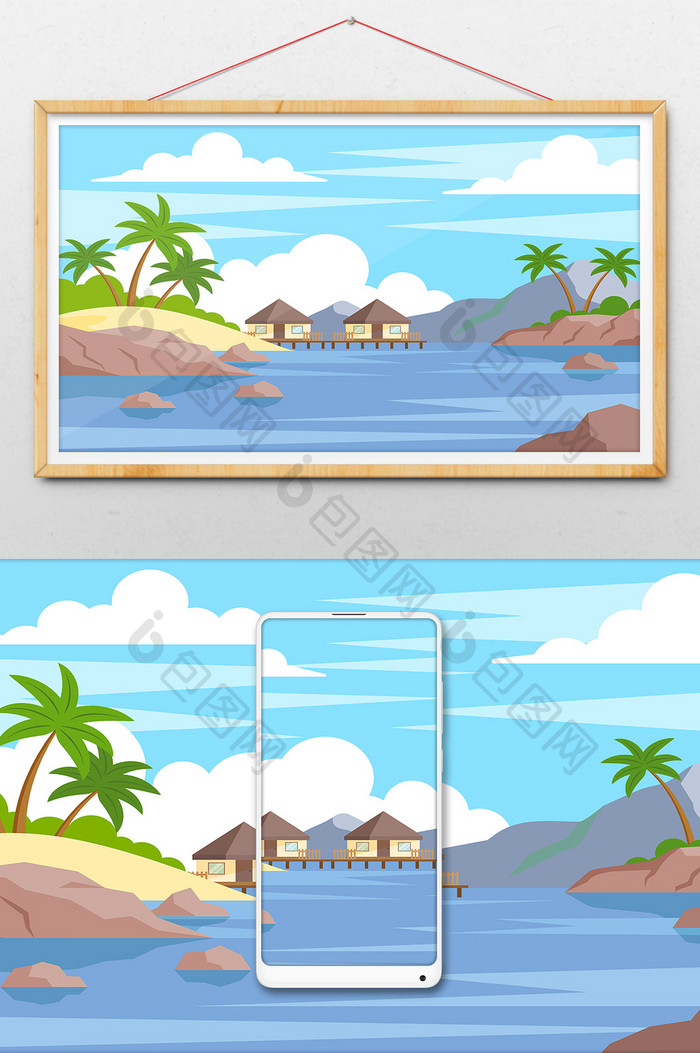 清新简洁海边度假背景手绘插画