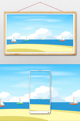 小清新沙滩海边背景手绘插画图片