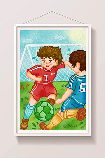 卡通漫画清新夏日运动双人踢足球插画图片